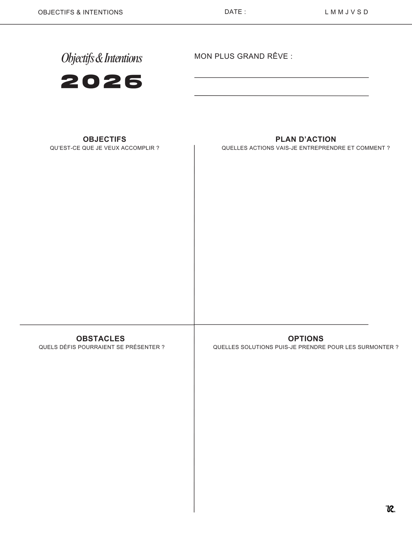 Printable | OBJECTIFS & INTENTIONS 2026
